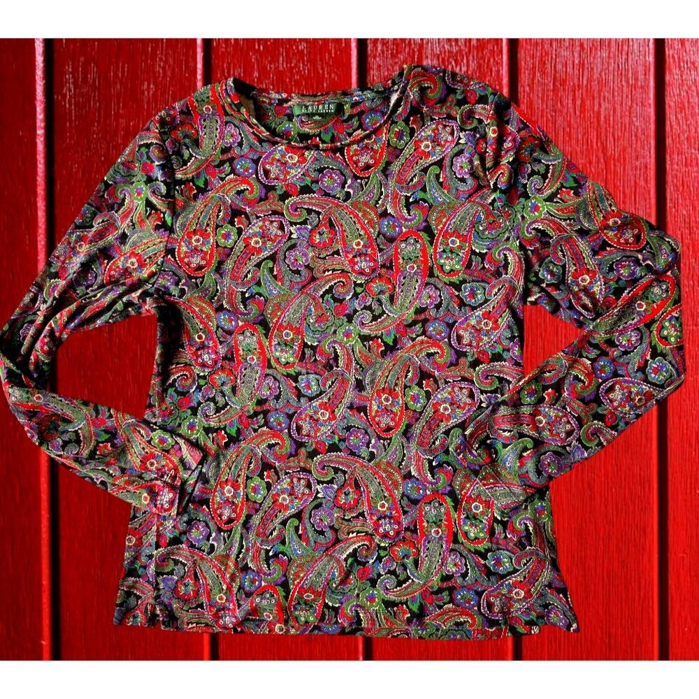 VTG Lauren Ralph Lauren Long Sleeve Top XL Pullover Paisley Preppy Cotto… - Picture 4 of 12